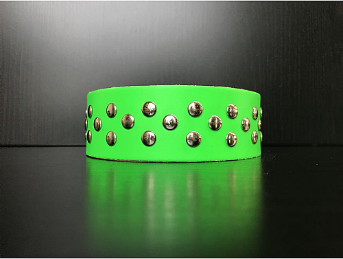 Fluorescent Green/Silver Studs - Leather Dog Collar - Size XL